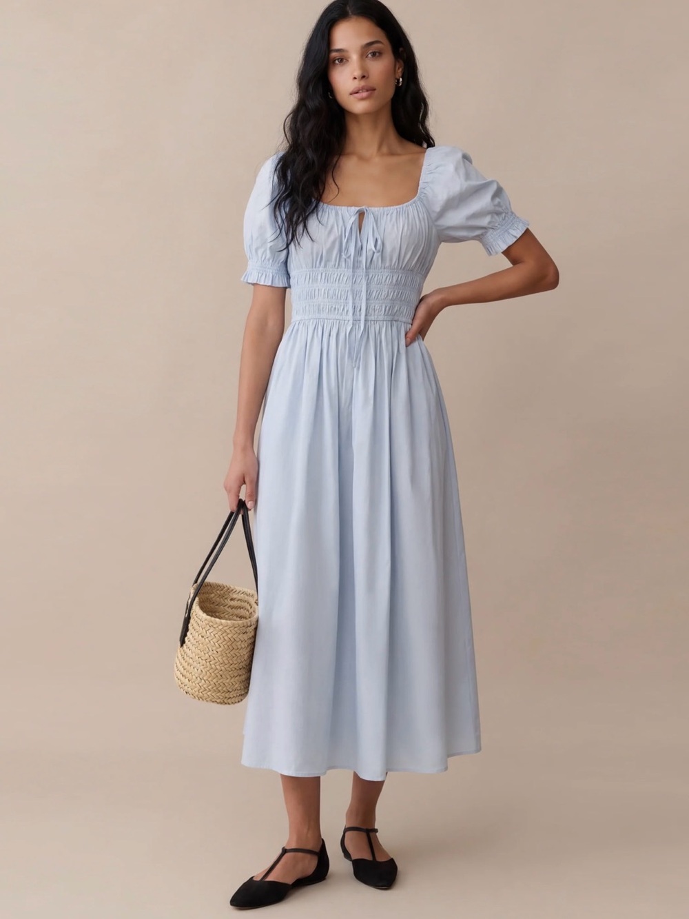 Few Moda sorella NWT Fenella Cotton Light Blue Puff-Sleeve Smocked Midi Dress